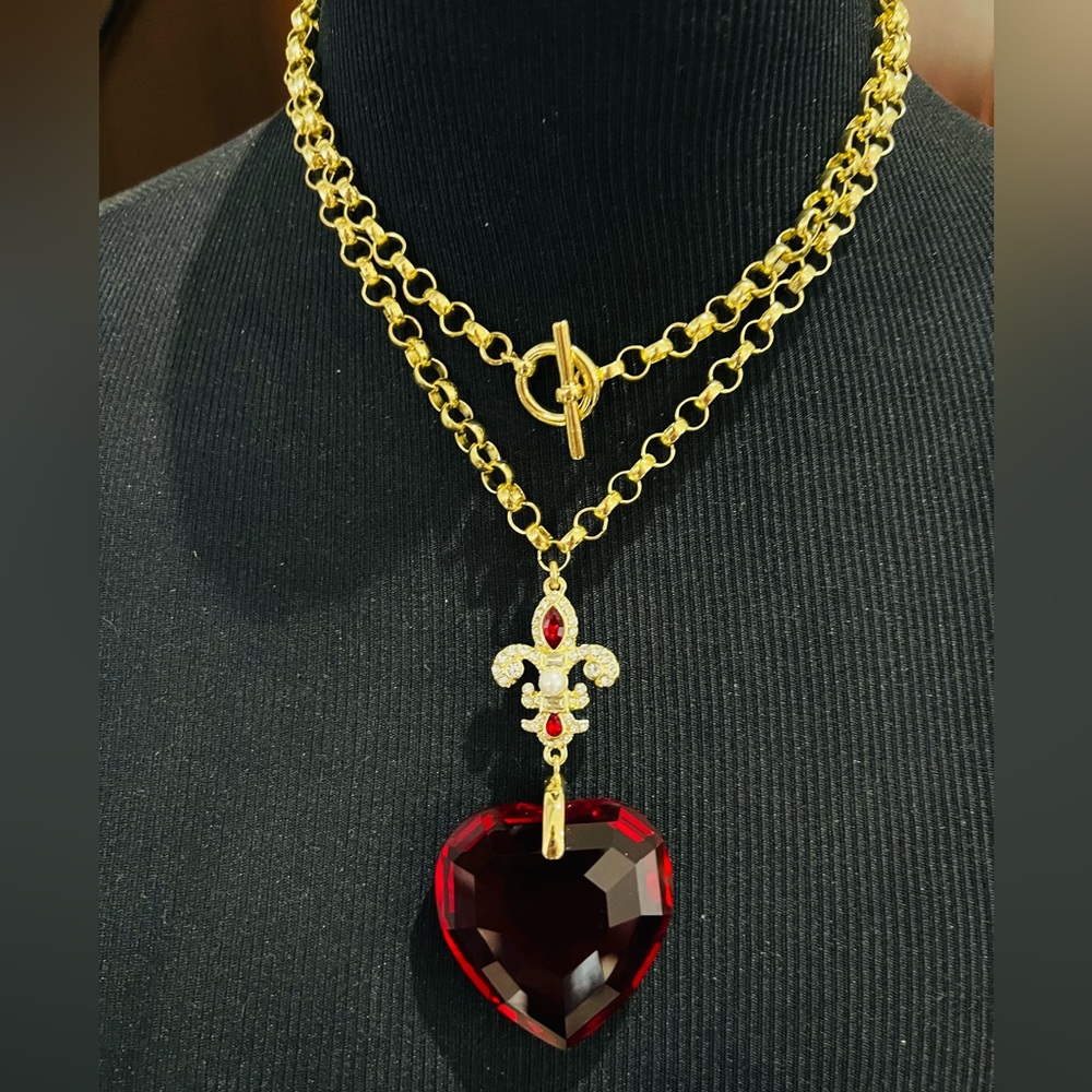 Heidi Daus 🆕”Ruby Red Heart Drop ” 36” Toggle Rolo-link Chain Necklace